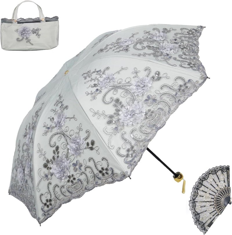 Aikelai Vintage Lace Umbrella, UPF50+ Sun Umbrella, 3D Flower Chinese Embroidery Compact Folding Umbrella for Walking, Wedding, Tea Party,Photo Shooting - Image 1
